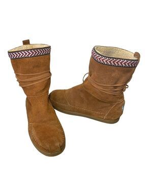 Toms Suede Leather Fleeced Moccasin Boots Rusty Brown Sz 8 Fleece Lining Native